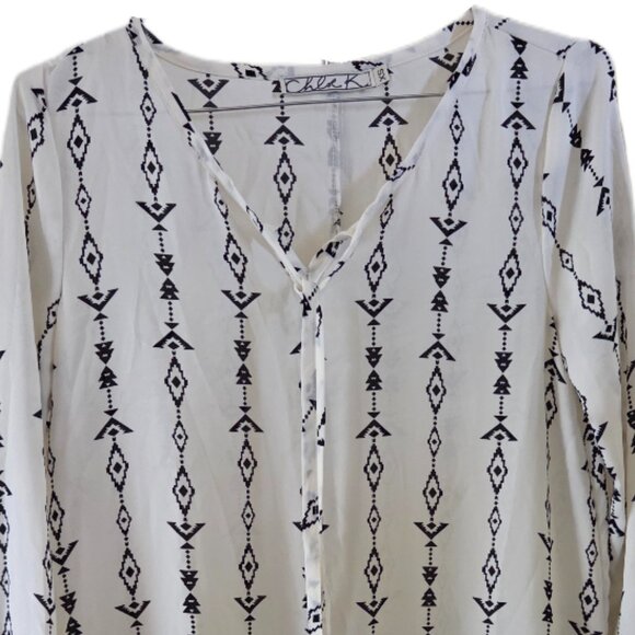 Chloe K White with Black Aztec Print Long Sleeve Boho Style Blouse - Picture 2 of 4